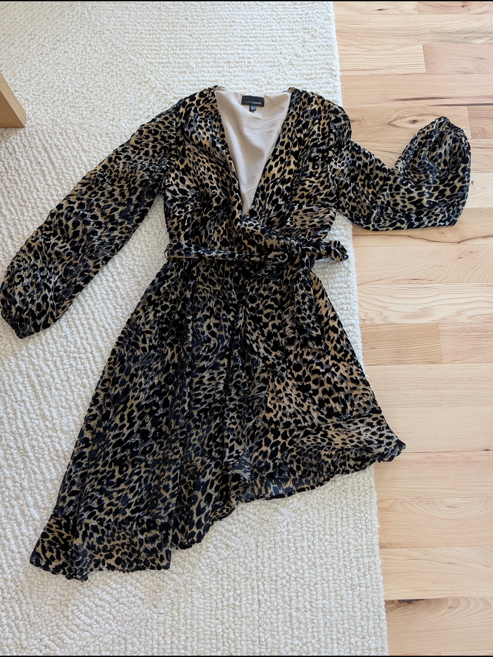Lucy Paris Black and Tan Leopard Print Long Sleeve Wrap Dress